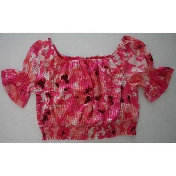 Lane Bryant Women Sz 14/16 Pink Floral Crop Off-The-Shoulder Chiffon Blouse $70 - Picture 6 of 9